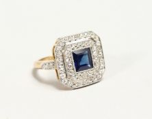 A VERY GOOD SAPPHIRE AND DIAMOND SQUARE SHAPED CLUSTER RING.