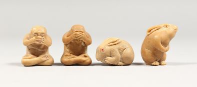 FOUR CARVED BONE ANIMAL NETSUKES. 