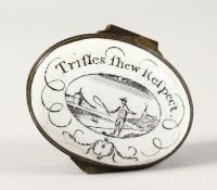 A BATTERSEA ENAMEL PATCH BOX, the top with a man fishing 