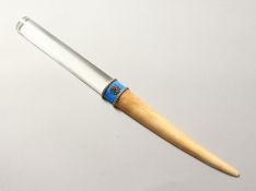 A GOOD RUSSIAN CRYSTAL AND IVORY TUSK FLAT PAGE MAGNIFIER with blue enamel band set with diamonds.