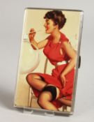 AN ELIZABETH II ENGINE TURNED SILVER CIGARETTE CASE, the top with an enamel of a glamour model