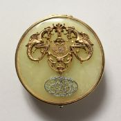 A SUPERB RUSSIAN CIRCULAR JADE, GOLD AND DIAMOND SET BOX, the top with double eagle and initials.