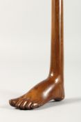A VERY UNUSUAL CARVED WOOD ONE-PIECE WALKING STICK, the handle as a foot. 2ft 11ins long.