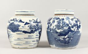 TWO CHINESE BLUE AND WHITE GINGER JARS AND COVERS. 9ins high.