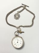 A SILVER POCKET WATCH AND CHAIN.