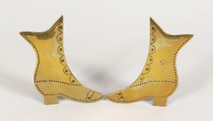 A PAIR OF FOLK ART BRASS PUNCH WORK SHOES. 5ins.