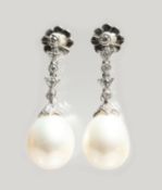 A SUPERB PAIR OF 18CT WHITE GOLD, PEARL AND DIAMOND DROP EARRINGS. Pearls: 11mms. Diamonds: 0.