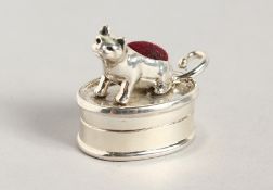 A TINY SILVER CAT ON A SNUFF BOX PIN CUSHION.