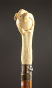 A 19TH CENTURY IVORY CLAW AND BALL SWORD STICK, the silver band with lizards. 2ft 11ins long.