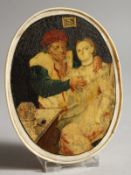A WILLIAM AND MARY OVAL BOX AND COVER, the top with a lady and man. 4.5ins x 3.5ins.