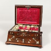 A GOOD VICTORIAN ROSEWOOD MOTHER-OF-PEARL INLAID SEWING BOX with fitted interior, wooden ring