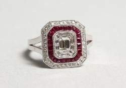 A SUPERB 18CT WHITE GOLD, RUBY AND DIAMOND DECO STYLE RING. Rubies: 0.75cts. Diamonds: 0.77cts.