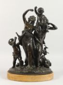 AFTER CLODION A SUPERB 19TH CENTURY BRONZE OF TWO CLASSICAL FIGURES and TWO YOUNG CHILDREN, on an
