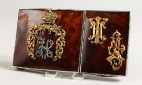A SUPERB RUSSIAN TORTOISESHELL TWO-DIVISION CASE, with gilt motif, crown and diamond set letters