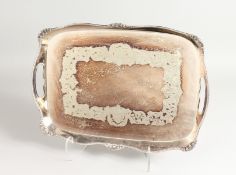 A KINGSWAY PLATE RECTANGULAR TWO-HANDLED ENGRAVED TEA TRAY. 18ins long.