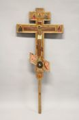 A LARGE 18th / 19th CENTURY RUSSIAN ORTHODOX PAINTED WOODEN DOUBLE SIDED THREE BAR CROSS. 4ft 9ins