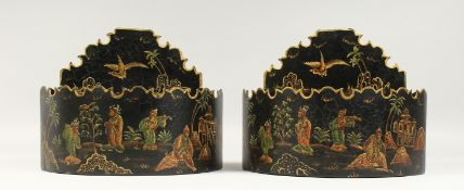 A PAIR OF TOLEWARE CHINESE DESIGN WALL POCKETS. 11ins wide.