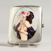 A GEORGE V ENGINE TURNED CIGARETTE CASE, the top with an oval enamel of a semi-nude with a rose.