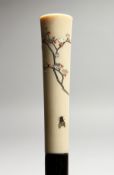 A 19TH CENTURY ROSEWOOD WALKING CANE with ivory and Shibyama handle, insects and flowers. (Losses)