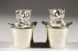A PAIR OF SILVER PLATE CAT IN A TOP HAT SALT AND PEPPERS.