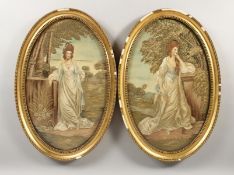 A GOOD PAIR OF OVAL SILKWORK PICTURES of LADIES in gilt frames, glazed. 19ins x 12ins.