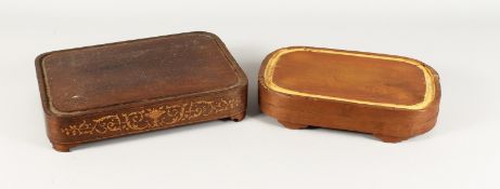 TWO WOODEN DISPLAY BASES for glass domes. 12ins and 13ins long.