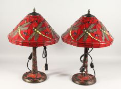 A GOOD PAIR OF TIFFANY DESIGN DRAGONFLY LAMPS.