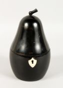 A GOOD EBONISED PEAR TEA CADDY with ivory escutcheon. 7ins high.