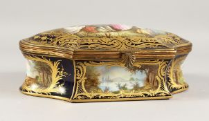 A VERY GOOD FRENCH SEVRES DESIGN BLUE AND GILT PORCELAIN BOX AND COVER, the top painted with a
