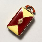 A 14K GOLD, RED AND YELLOW ENAMEL FOLDING FOB WATCH.