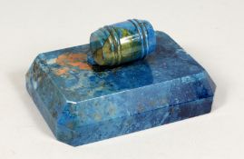 A GOOD LAPIS RECTANGULAR PAPERWEIGHT. 4ins x 2.5ins.