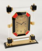 A FRENCH ART DECO DESIGN CLOCK with perspex columns and coloured enamels. 6ins high.