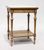 A FRENCH MARBLE TOP TABLE, on fluted legs with under-tier. 1ft 8ins square.