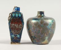 A TINY IRIDESCENT GLASS VASE decorated with clovers, 1.75ins high, and a CLOISONNE SCENT BOTTLE (