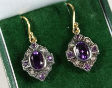 A PAIR OF 9CT GOLD AND SILVER, AMETHYST AND DIAMOND DROP EARRINGS.