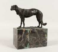 A BRONZE BORZOI DOG on a marble base. 6ins long.
