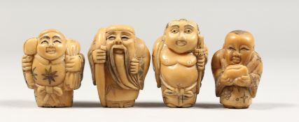 FOUR CARVED BONE MEN NETSUKES.