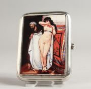 A GEORGE V PLAIN SILVER CIGARETTE CASE, the top with an enamel of a full-length nude and Arab.