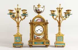 A SUPERB FRENCH 19TH CENTURY CLOCK GARNITURE by RAINGO FRES., PARIS, the clock striking on a