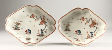 A PAIR OF BOW KAKIEMON LOZENGE SHAPED DISHES. 12ins long x 9.5ins wide.
