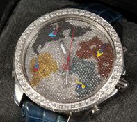 A JACOB & CO FIVE TIME ZONE WRISTWATCH with diamond and leather strap, in a Jacob case with spare