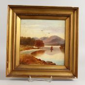 AN ENGLISH PORCELAIN PLAQUE painted with a Scottish Loch scene.