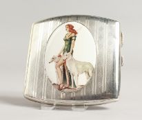 A GEORGE V ENGINE TURNED SILVER CIGARETTE CASE, the top with an enamel of Diana and hound.