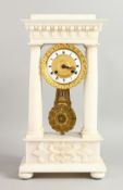 A SUPERB FRENCH EMPIRE WHITE ALABASTER PILLAR CLOCK by VILLAUME A NANCY, CIRCA. 1840, with gilt dial