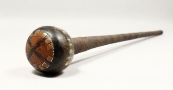 A ZULU KNOBKERRIE, POSSIBLY RHINO HORN, with brass studs with wire bound shaft. 27ins long. ( ex.