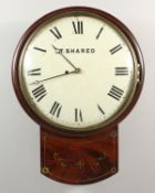 A GOOD EARLY 19TH CENTURY MAHOGANY BRASS INLAID WALL CLOCK by T. SHARED. 12-inch dial.