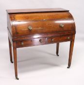 A GEORGE III SATINWOOD CYLINDER BUREAU, with sliding front with fitted interior, two drawers