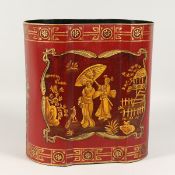 A RED TOLEWARE CHINESE DESIGN BIN. 12ins high.