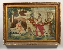 A LARGE 19TH CENTURY BRUSSELS NEEDLEWORK PICTURE, SHEPHERD AND SHEEP, in gilt frame. 19ins x 28ins.