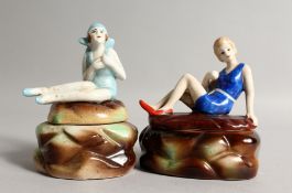 TWO POTTERY BATHING BEAUTIES BOX AND COVER.